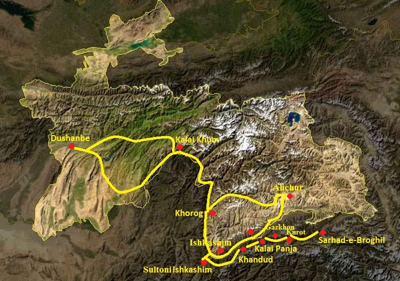 Map of the trip Tajikistan Afghanistan